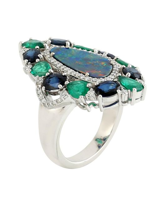 Artisan Green Opal Doublet & Pear Cut Emerald With Oval Blue Sapphire Pave Diamond In 18k White Gold Cocktail Ring