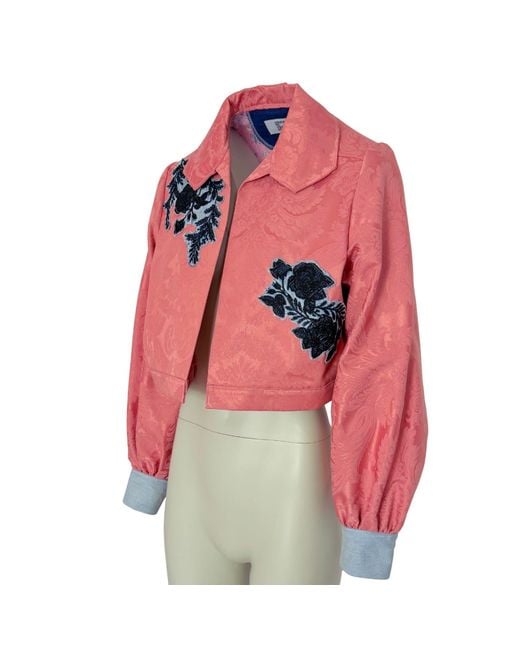 Couture to Your Door Red Brocade Upcycled Denim Jacket