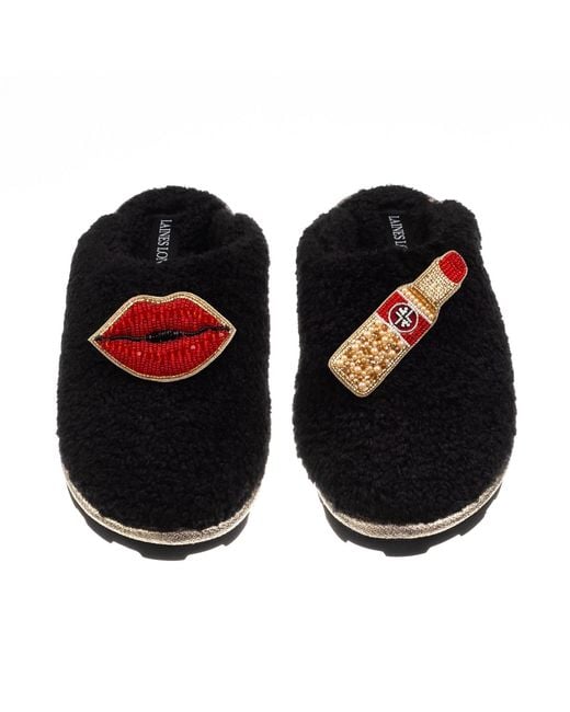 Laines London Black Teddy Closed Toe Slippers With Lipstick & Lips Brooches