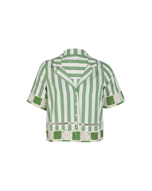 Rose & Nancy Green Helena Stripe Crochet Trim Cotton Resort Shirt