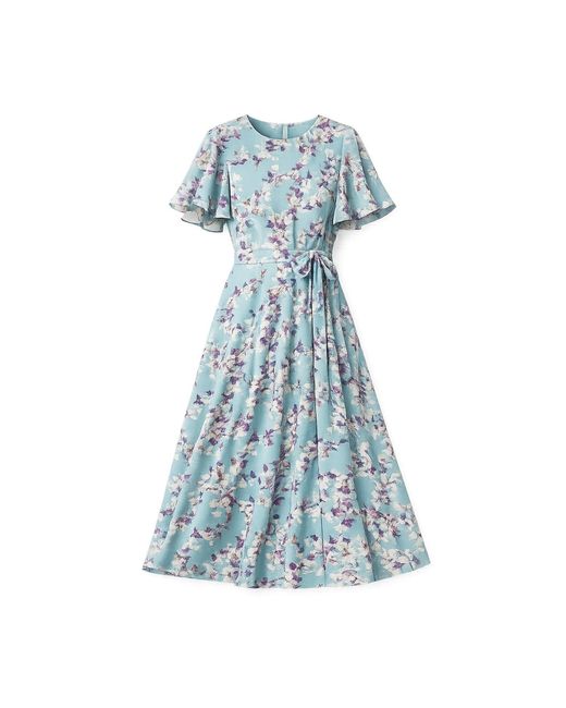 Yumi' Blue Blossom Skater Midi Dress With Angel Sleeves