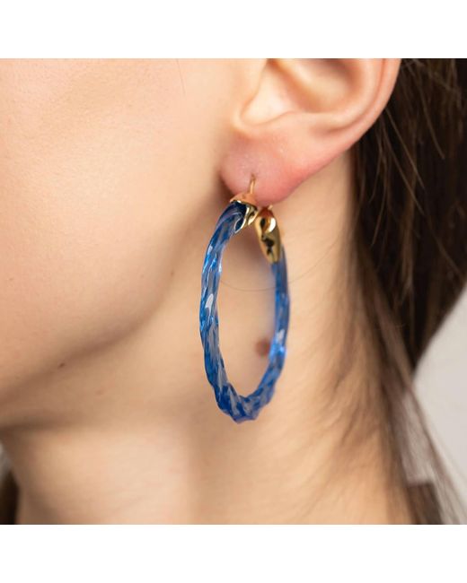 Gold & Honey Blue Sapphire Swirl Twist Lucite Birthstone Hoop Earrings