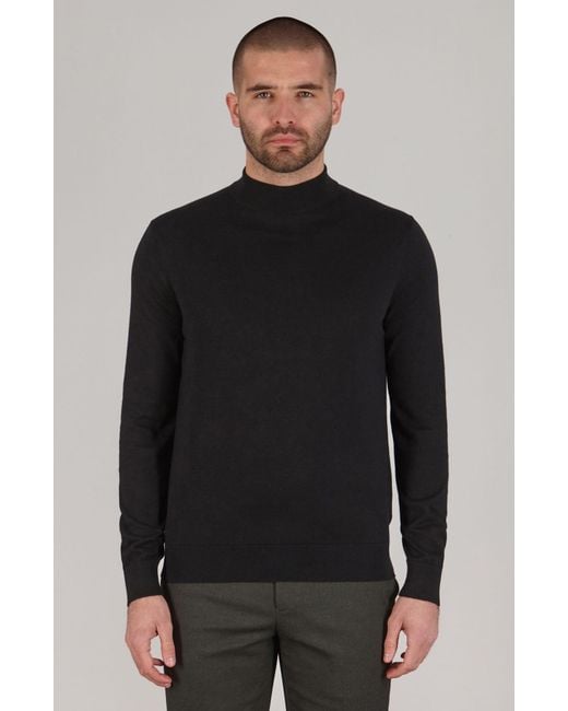 Paul James Knitwear Blue Ultra Fine Cotton Spencer Mock Turtle Neck Jumper for men