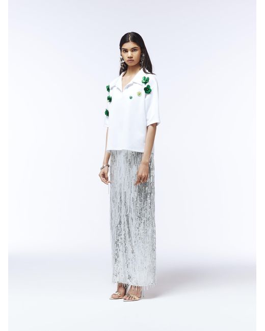 Sour Figs Blue Floral Embellished Polo Shirt