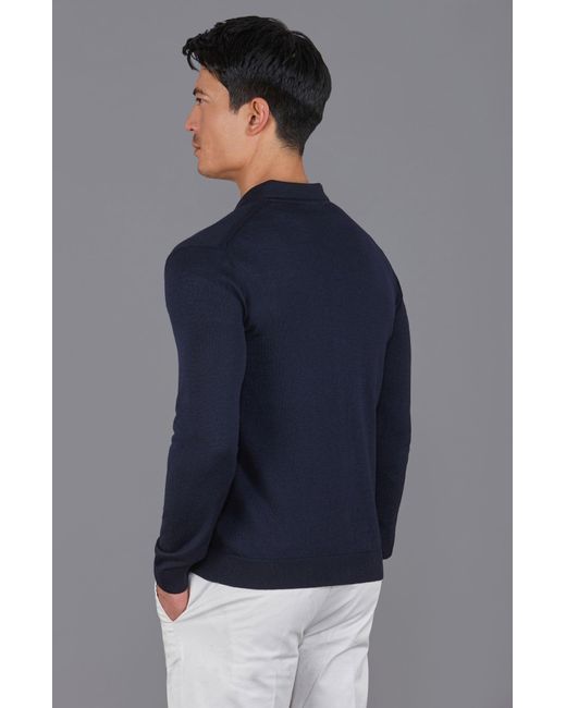 Paul James Knitwear Blue Extra Fine Merino Wool Cassius Polo Cardigan for men