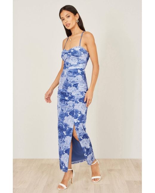 Yumi' Blue Mesh Ruched Midi Dress With Split