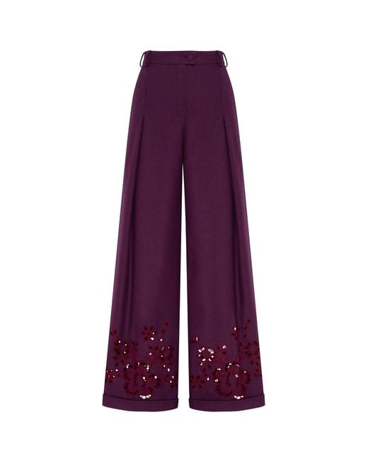 Annabo Purple Burgundy Rose Eyelet Embroidered Wide-Leg Pants