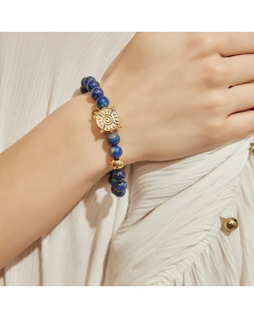 Aurozia Blue Three Charms Solar Meridian Whitegold Plated Sundial And The Sun Coin Lapis Lazuli Beaded Bracelet