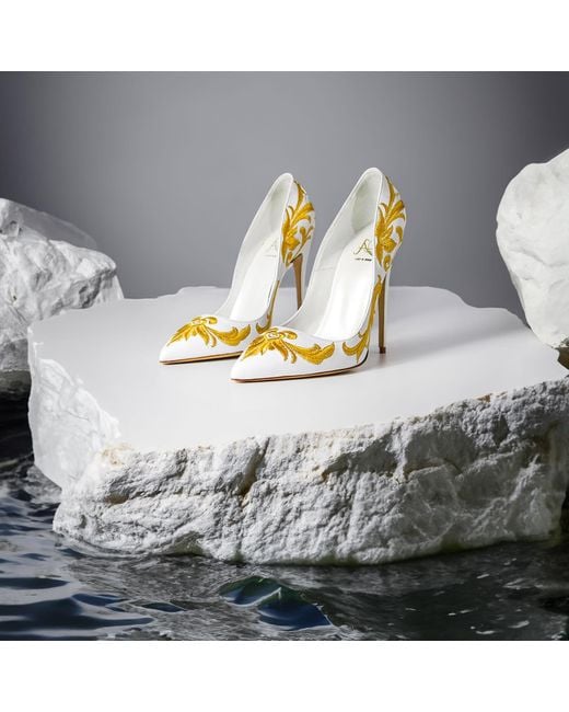 Aethra Shoes Yellow Arel Leather Embroidered Pointed Toe Stiletto Pumps