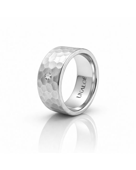 Unaloe White Sterling Hammered Band Ring With Diamond – Gift For Her Luxury Statement Fine Jewelry for men