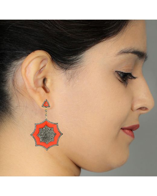 Artisan Red Natural Diamond With 18k Gold & Silver Enamel Designer Dangle Earrings
