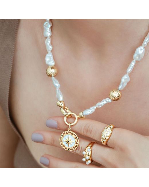 LINYA JEWELLERY Metallic North Star Medallion Pearl Necklace