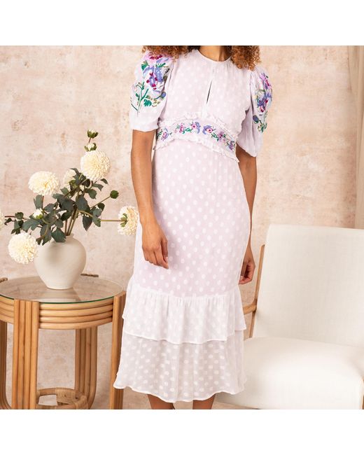 Hope & Ivy Pink The Valencia Dobby Mesh Embroidered High Neck Midi Dress