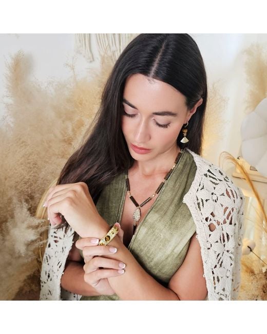 Farra Brown Y Shaped Tiger-Eye Stone With Rhinestone Tassel Lariat Necklace
