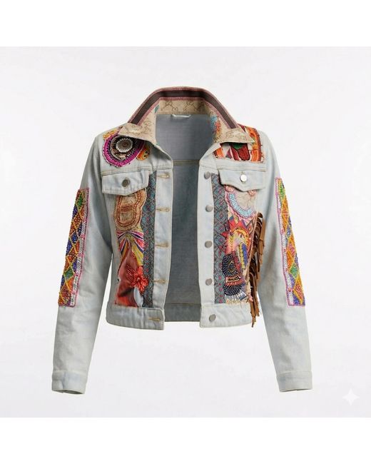 Tantra Spain Sl Blue Denim Jacket With Embroidered African Design And Sequins