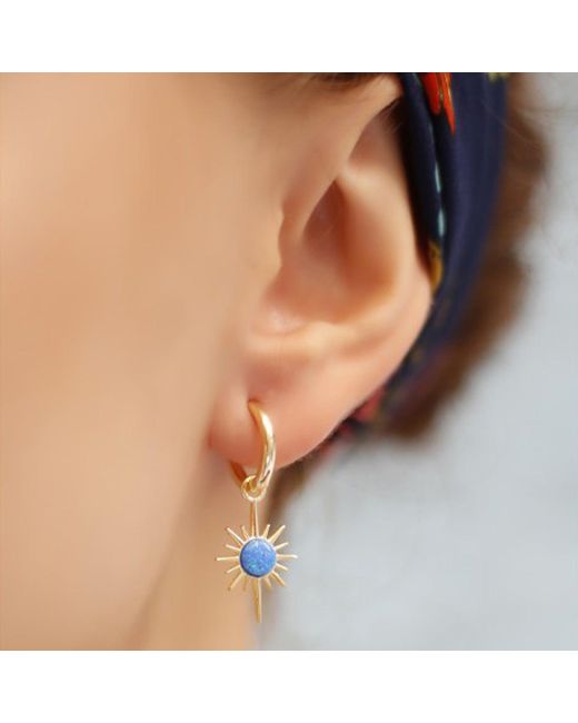 Spero London Metallic Northern Star Starburst Drop Hoop Blue Opal Earring Sterling Silver