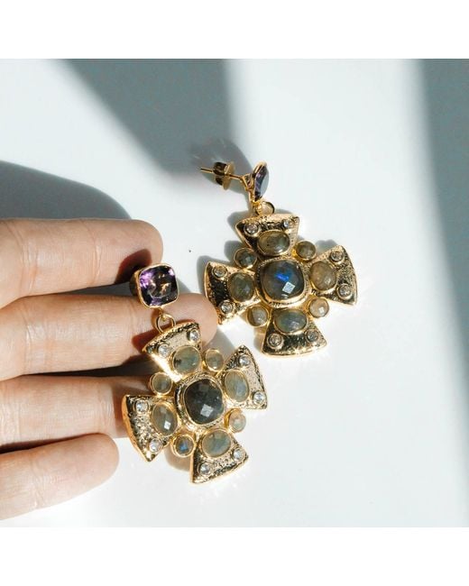 Edgar Navarro Jewelry Green Navarro Labradorite Cross Earrings With Amethyst Stud Base
