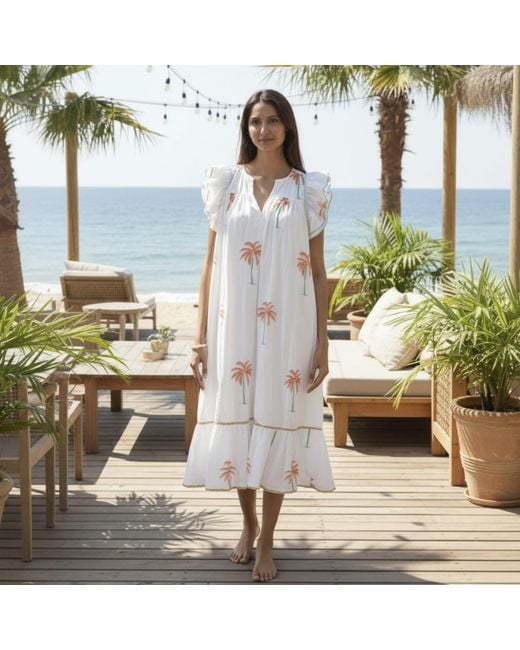 La Mandarine White Summer Dress, Floaty Cotton Summer Midi Dress With Pockets Palmeraie