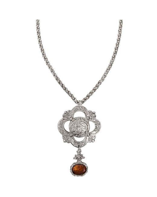Caramel Vintage Jewellery Metallic Ornate Amber Pendant Necklace