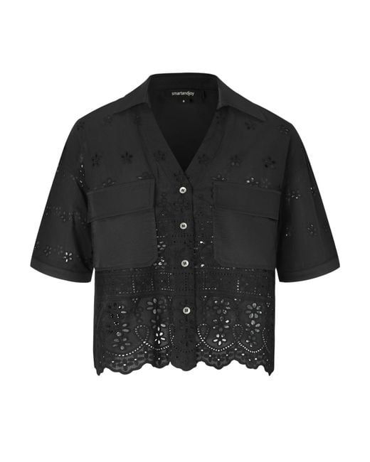 Smart and Joy Black Embroidered Crop Shirt