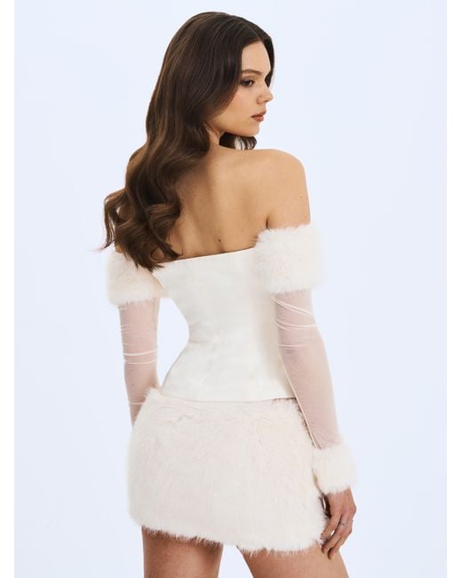 Miss Circle New York White Narla Ivory Low-Waisted Fur Mini Skirt