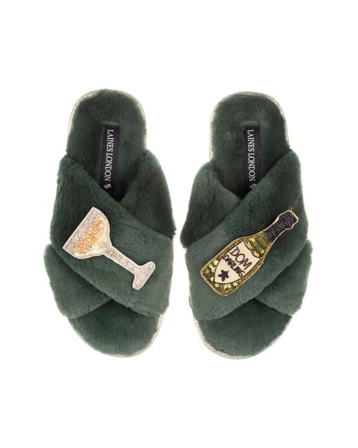 Laines London Green Classic Laines Slippers With Dom Darling Champagne Brooches