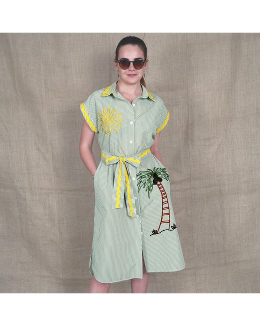 Lalipop Design Green Pinstripe Cotton Shirtdress With Sun & Palm Tree Embroidery