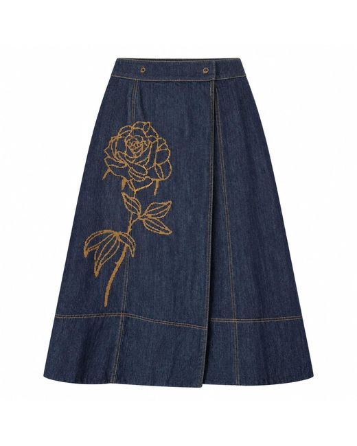 IZABELA MANDOIU Blue Dark Denim Midi Skirt With Embroidered Rose
