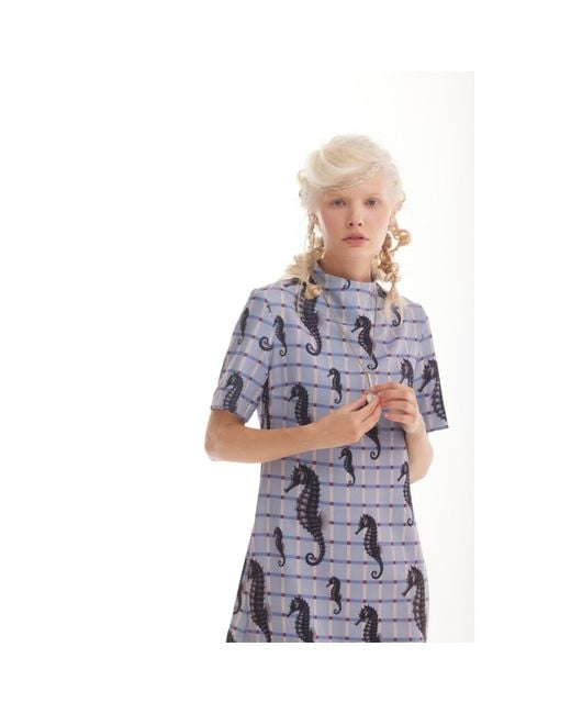 Julia Allert Gray Neutrals Pale Seahorse Grid Print Fluid A-Line Dress – Capsule Edition