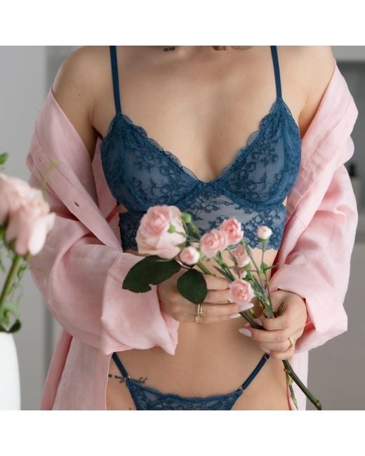 MONIQUE MORIN LINGERIE Blue Wild Lace Micro-G Thong Dark Denim