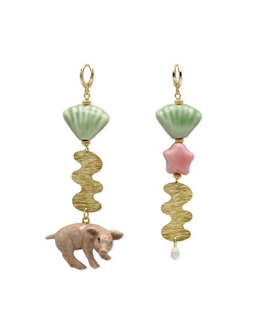 Midnight Foxes Studio Green Pink Pig & Star Gold Earrings