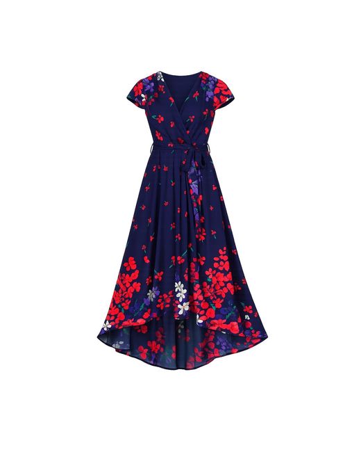 Yumi' Blue Floral Mirror Wrap Dress With Dip Hem