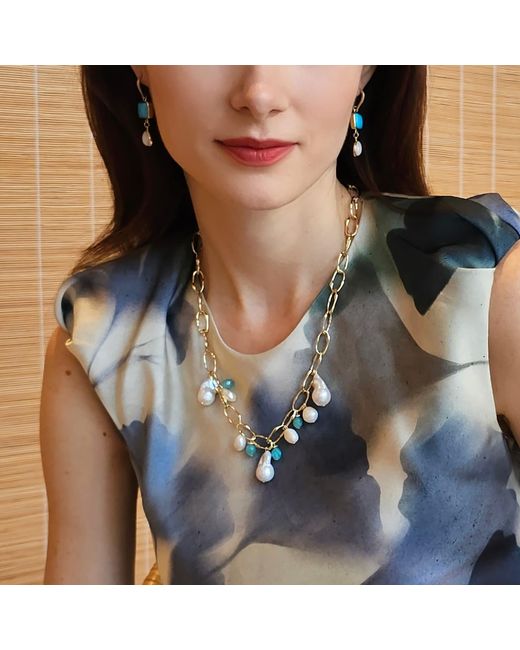 Farra Metallic Baroque Pearls With Amazonite Charm Chain Necklace