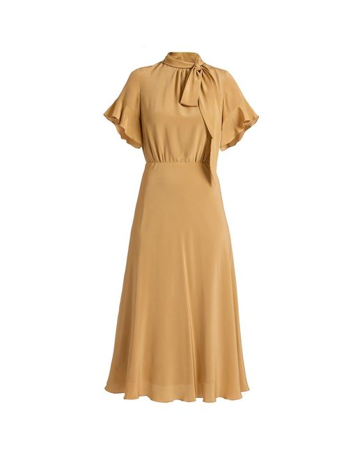 Santorelli Natural Sabrina Silk Short Sleeve Tie Neck Midi Dress