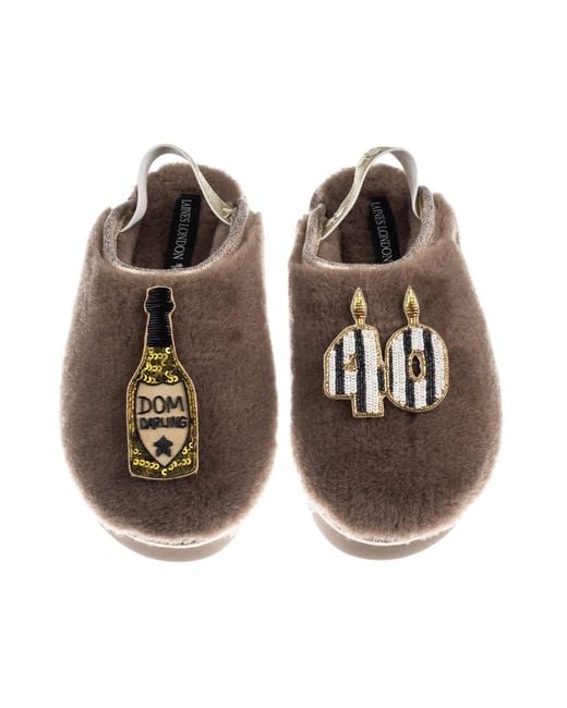 Laines London Brown Neutrals Flatform Cloud Closed Toe Slippers With Stripe 40Th Birthday & Dom Darling Brooches