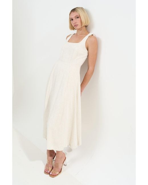 Louche White Baya Linen Mix Square Neck Midi Dress