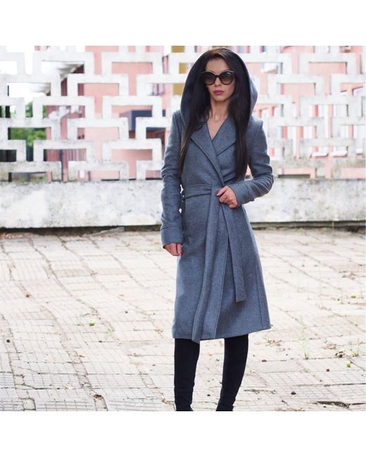 Adrenaline Fashion Blue Long Wool Coat With Hood And Belt – Handmade Designer Winter Overcoat