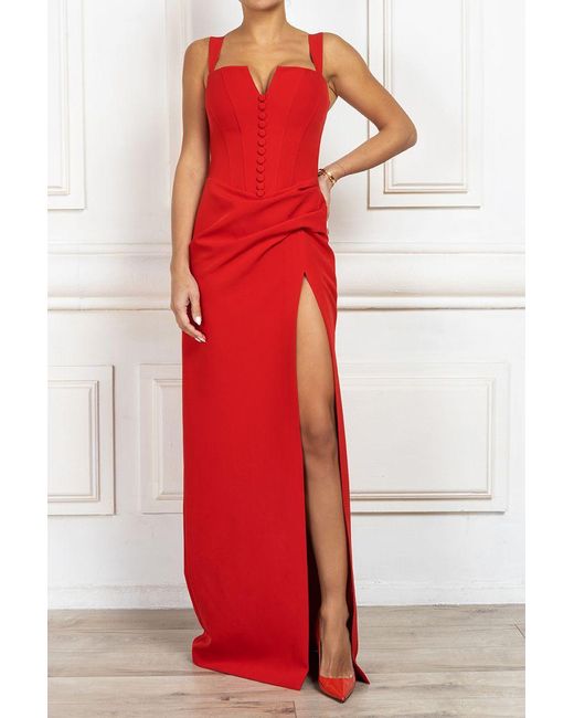 Cliché Reborn Red Maxi High Slit Corset Dress In