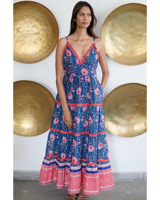 La Mandarine Blue Summer Maxi Dress With Pockets. Block Print Cotton Summer Maxi Dress Beatriz