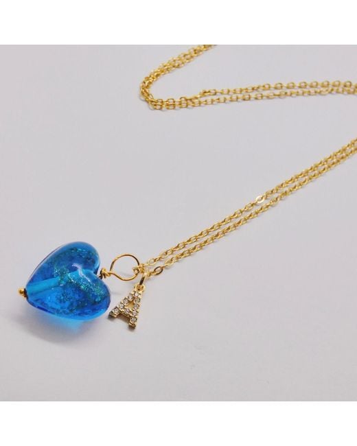 VALERIE CHIC Blue Initial Letter Aquamarine Sparkle Heart Necklace
