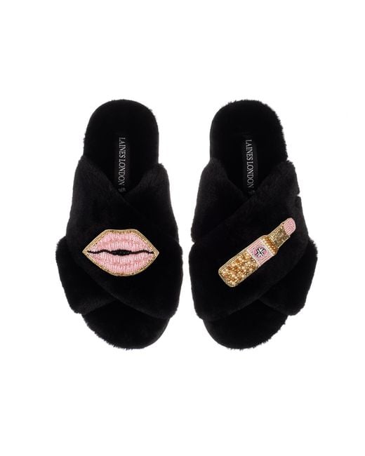 Laines London Black Classic Laines Slippers With Lipstick & Lips Brooches