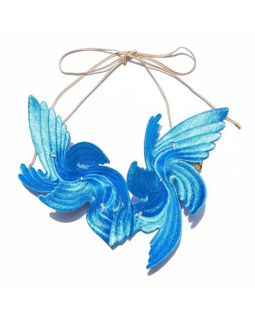 Nana Watanabe Blue Joy Bird Wing Sculptural Embroidered Statement Necklace