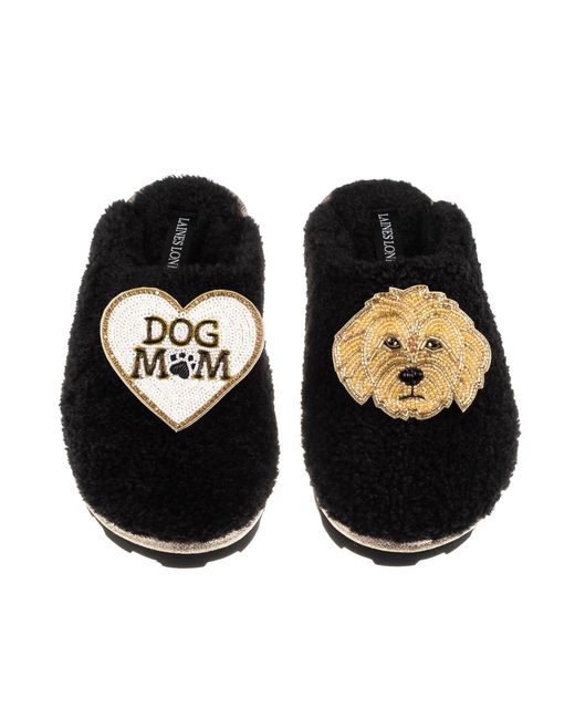 Laines London Black Teddy Closed Toe Slippers With Dog Mum Mom & Golden Cockapoo Brooches