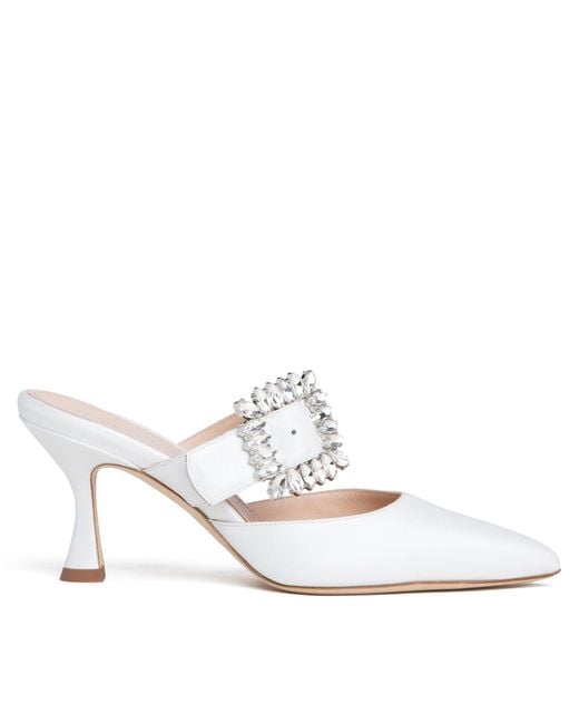 Beautiisoles by Robyn Shreiber Made in Italy White Georgina Pearlized Leather Mule Elegant & Sexy With Jewels Wedding Bridal For Evening Wear