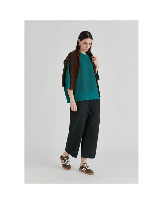 Paisie Green Mock Neck Cropped Sleeve Ribbed Jumper