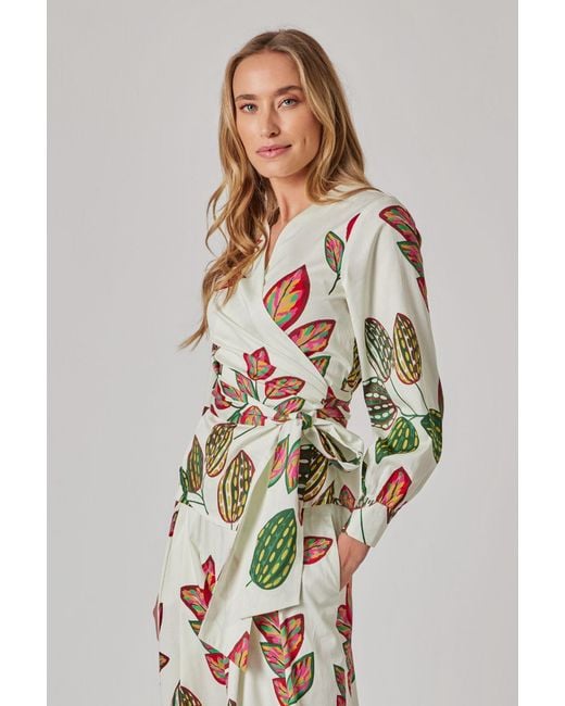Marianna Déri White Wrap Blouse With Leaf Print