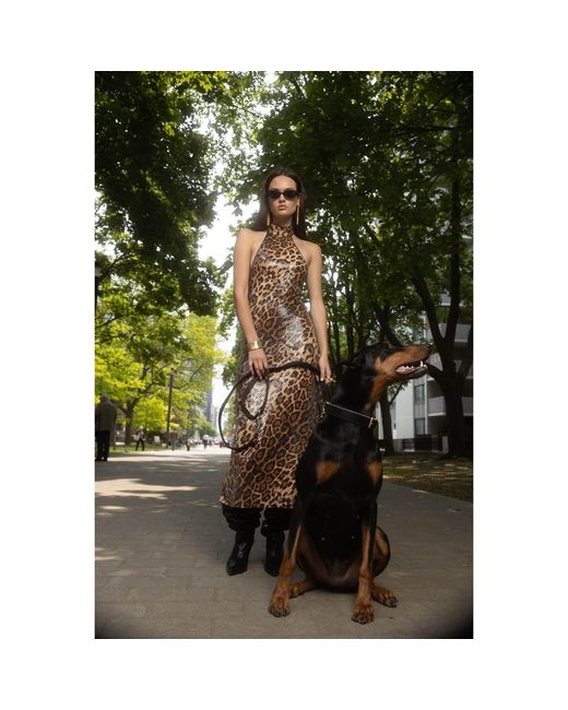 Aisl Brown Leopard Sequin Halter Maxi Dress