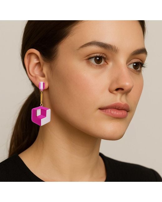 Gissa Bicalho Metallic Neutrals Handmade Acrylic Earring Double Cube Caramel Granite