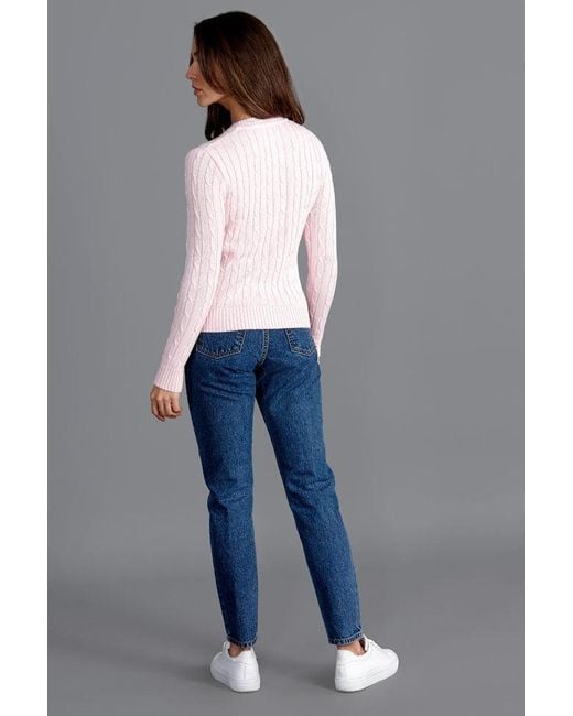 Paul James Knitwear Pink Cotton Talulah Cable V Neck Jumper