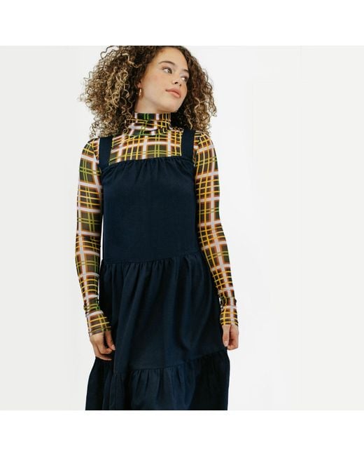 Zenzee Blue Cotton Linen Gathered Strap Tiered Dress